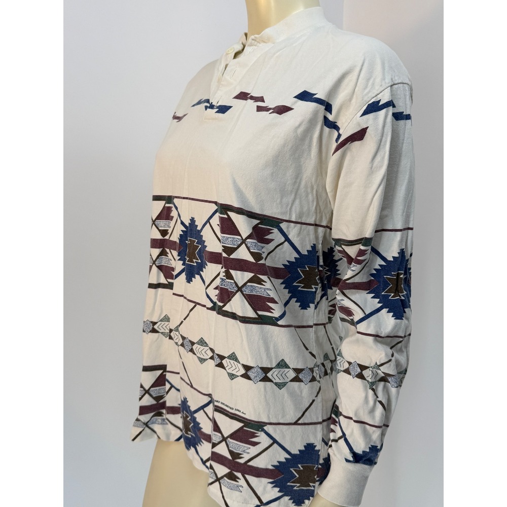 Vintage 90s Art Unlimited Aztec Henley Long Sleeve Cotton T-Shirt Cream Medium